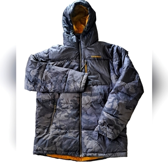 HAWKE & Co Thermal insulation hooded coat HK HEAT poly fill black grey camo Mens - Picture 1 of 13